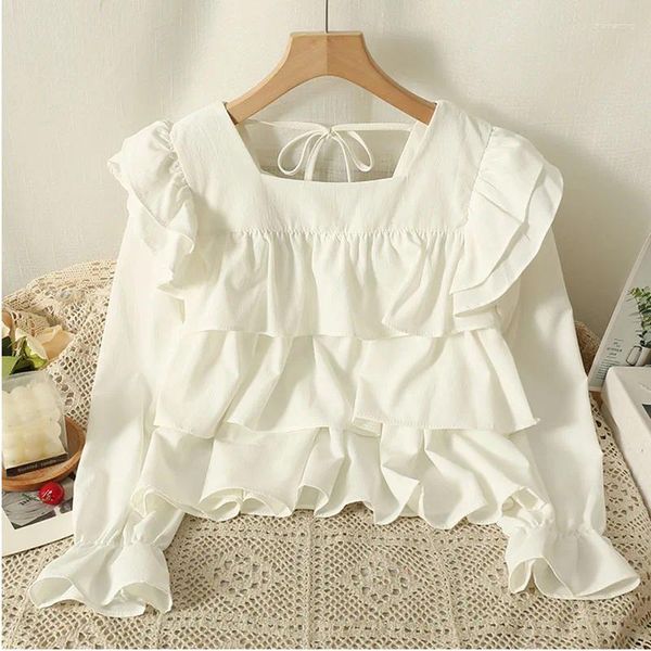 Frauen Blusen Rüschen Top Weiße Bluse Crop Frauen Vintage Shirt Langarm Blusa Mujer Moda 2023 Koreanische Stil Kleidung Schwarz abgeschnitten Kawaii