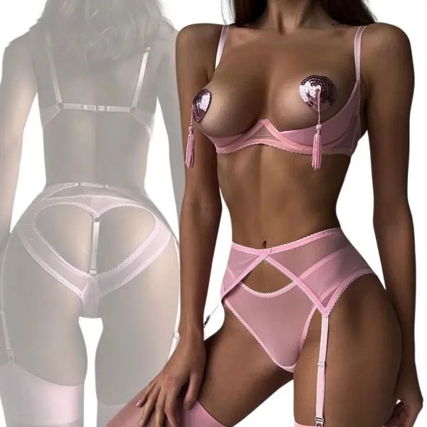 Conjunto Sexy Mulher Lingerie Erótica Lingerie Kit Sutiã Aberto Sheer Sexy Underwear Bra Set Crotchless Calcinha Garter Íntimo Ver Através Conjunto de Sutiã 231026