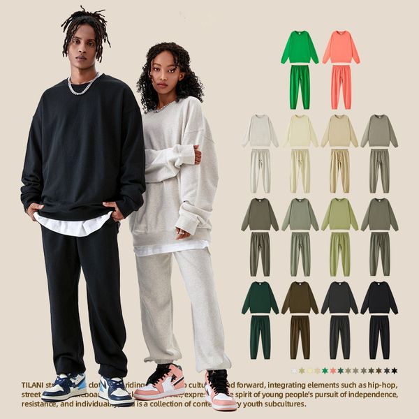 Commercio all'ingrosso pesante 100% cotone tuta da ginnastica unisex in bianco pianura allentata con cappuccio tuta pantaloni della tuta maglione autunno inverno pullover o collo streetwear top inferiori