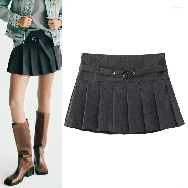 Женские шорты 2023, женские серые плиссированные юбки, винтажная юбка со скрытой молнией и поясом, женская корейская мода, мини-лето со средней посадкой