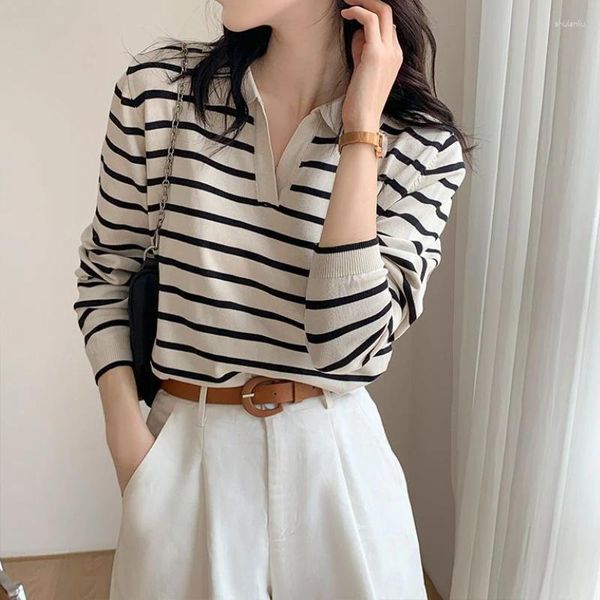 T-shirt da donna HOUZHOU Scollo a V a righe Top lavorato a maglia Donna Autunno Slim Coreano a maniche lunghe T-shirt Old Money Style Pullover Casual Office Lady