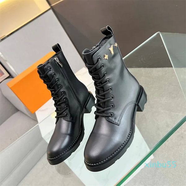 Inverno novo fundo plano sapatos formais famoso designer feminino carta de metal rendas até marca martin botas de couro genuíno cabeça redonda zíper lateral sapatos femininos