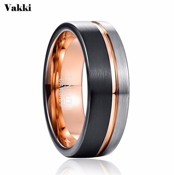 Anel de tungstênio masculino VAKKI 8 mm preto rosa ouro aliança de casamento anel de noivado joias de festa masculina bague homme224d