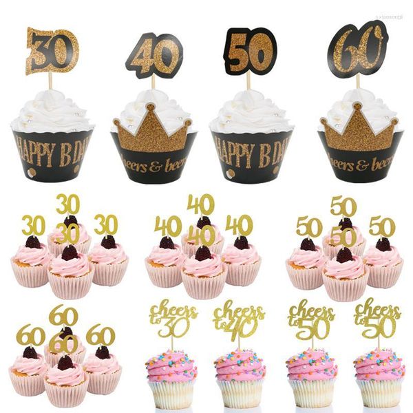 Suprimentos festivos preto ouro 30 40 50 60 anos de aniversário cupcake toppers para adulto 30th 40th 50th festa aniversário bolo decoração supplie