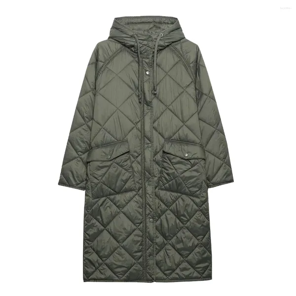 Piumino da donna 2023 Moda con tasca Parka imbottito a rombi allentato Cappotto Vintage a maniche lunghe con bottone a pressione Capispalla con cappuccio femminile Mujer