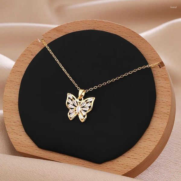 Anhänger Halsketten Luxus Kristall Strass Schmetterling Hohl Halskette Für Frauen Edelstahl Kette Hochzeit Bankett Party Schmuck Geschenke