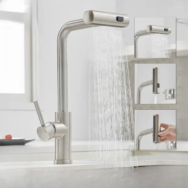 Torneiras de cozinha Rotação Torneira Pull Out Sink Mixer Torneira escovada Nickle Waterfall Stream Pulverizador Head Chrome Water