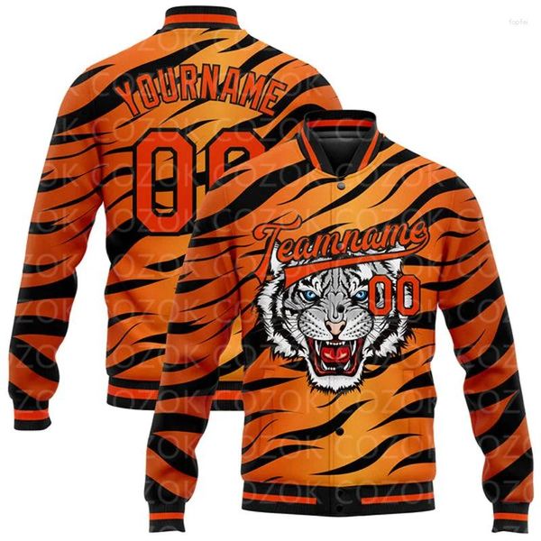 Erkek Ceketler Özel Tiger Desen 3D Baskılı Beyzbol Düğmesi Ceket Bombacı Tam Snap Varsity Letterman