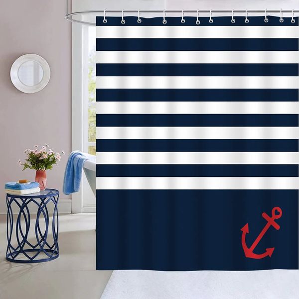 Cortinas de chuveiro âncora decoração cortina de chuveiro azul marinho listra náutico farol decoração para casa cortinas do banheiro para chuveiro com gancho 231025