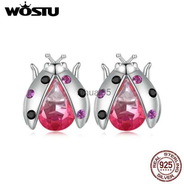 Orecchini a bottone WOSTU in argento sterling 925 trasparenti con coccinella, orecchini a bottone con insetti, pietra tormalina sfumata rosa per gioielli da donna, regalo YQ231026