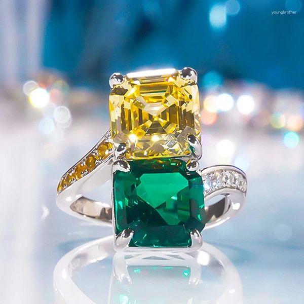 Anéis de cluster luxo esmeralda platina anel para mulheres moda amarelo verde diamante 925 prata esterlina jóias finas presente de aniversário