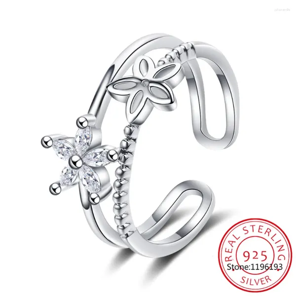 Cluster Ringe Echt 925 Sterling Silber Doppelschicht Süße Blume Dazzling CZ Für Frauen Hochzeitstag Edlen Schmuck DA00314