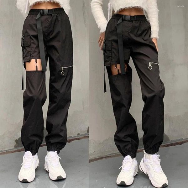 Calças femininas moda leggings escavadas macacão punk com fivela de cintura e zíper de cintura alta casual