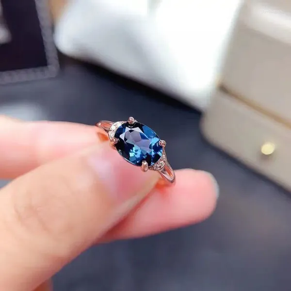 Cluster-Ringe Hochwertiger natürlicher London Blue Topaz Ring Damen S925 Silber Japanischer und koreanischer trendiger Saphirkristall