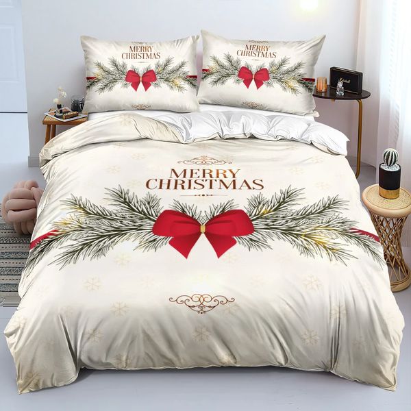 Комплекты постельного белья 3D Merry Christmas Белые комплекты XMAS Пододеяльник Комплект полиэстерового одеяла King Queen Полный двойной красный бант Бежевый 231025