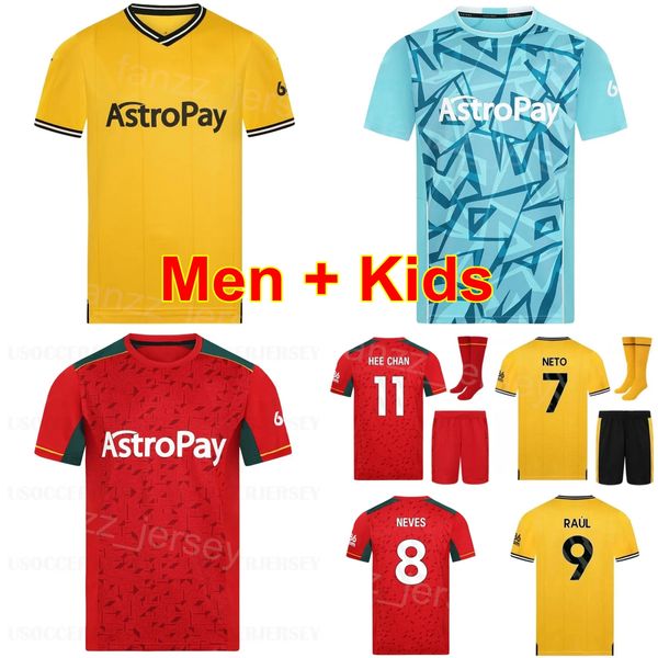 Homem Juventude 2023-24 Club Team Wolves 11 HEE-CHAN Camisa de Futebol 7 NETO 12 CUNHA 23 KILMAN 22 SEMEDO 5 LEMINA 15 DAWSON 8 GOMES 3 AIT-NOURI Camisa de Futebol Kits Vermelho Amarelo Azul