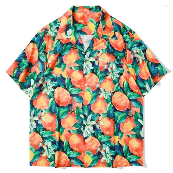 Camicie casual da uomo Stampa arancione frutta hawaiana Abbigliamento da spiaggia da uomo Top a maniche corte Camicetta Camicia Abbigliamento da uomo