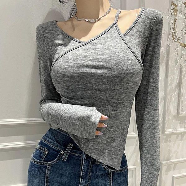 Mulheres Camisetas Primavera Womengaga 2023 Slim Sexy Spicy Girl Hollow Manga Longa T-shirt Mulheres Moda Irregular Tees Doce Top 88on