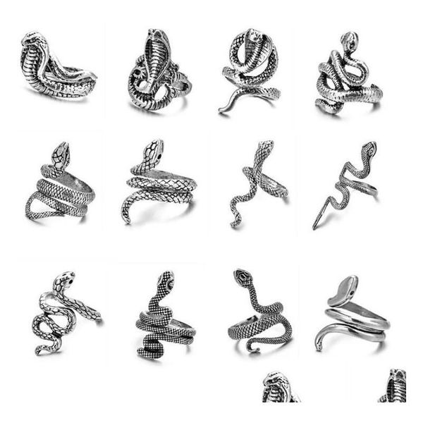 Anéis de banda 12 Pçs / lote Retro Punk Snake Ring para Homens Mulheres Exagerada Antique Siver Cor Abertura Ajustável Drop Delivery Jóias Dhkqc