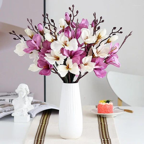 Fiori decorativi 5 forchette 20 teste Bouquet di magnolia artificiale Decorazione domestica di nozze Puntelli finti