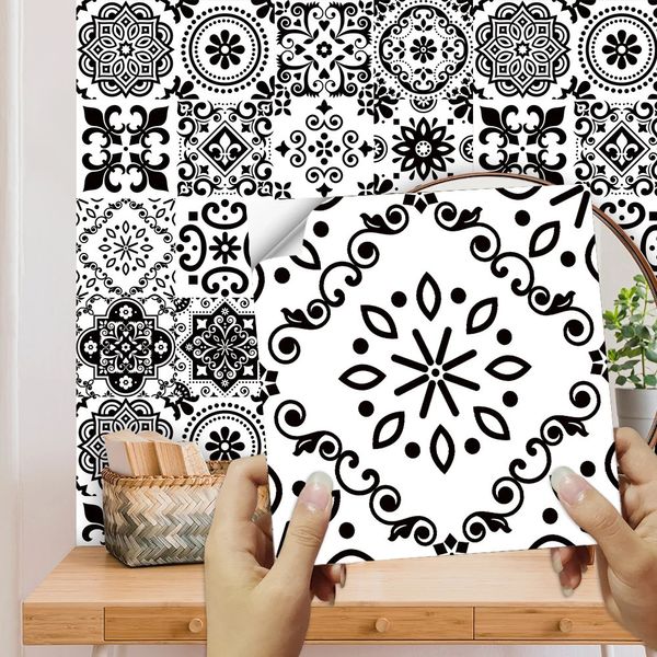 Adesivos de parede 16pcsset preto branco azulejos adesivo cozinha backsplash guarda-roupa banheiro impermeável casca vara brilhante filme arte decalques 231026