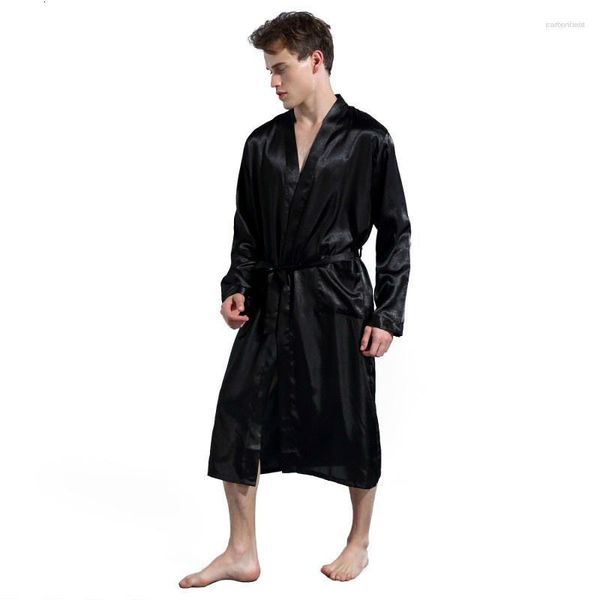 Homens sleepwear homens homens seda cetim robes pijamas longo slve sólido slpwear quimono masculino roupão lazer homens loungewear vestido vestido