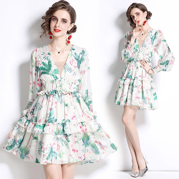 Mulheres branco floral festa designer mini vestido puff manga com decote em v magro férias ruched ruffle em camadas ajuste flare vestidos 2023 outono outono elegante impressão runway vestidos