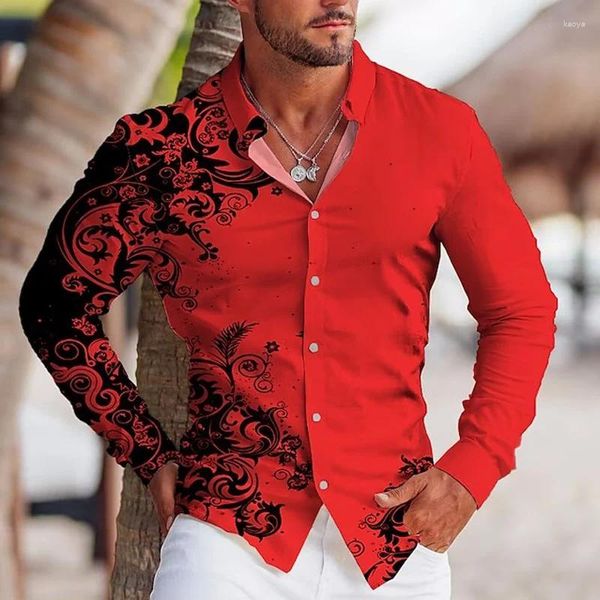 Camisas casuais masculinas moda vintage manga longa para homens camisa de grandes dimensões flor impressão botão topo roupas dos homens praia blusa de alta qualidade