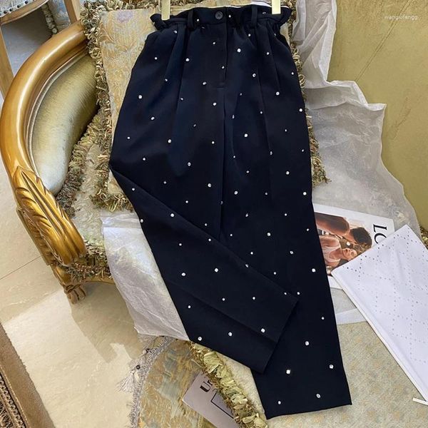 Frauen Hosen 2023 High-end-Mode Luxus Diamant-Verzierte Elastische Taille Rüschen Knospe Lässig Elegante Schwarz Lange Frauen herbst