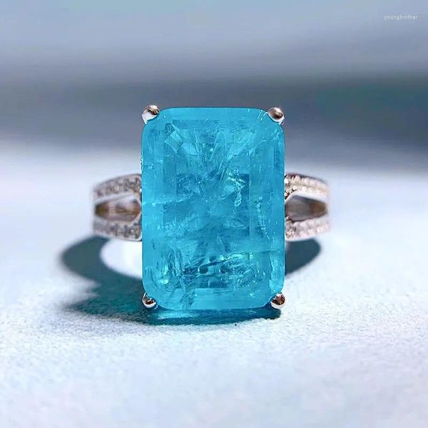 Anéis de Cluster Primavera Qiaoer 18K Banhado A Ouro 925 Prata Esterlina 14/10 MM Paraiba Turmalina Alto Carbono Diamantes Gemstone Fine Jewelry Ring