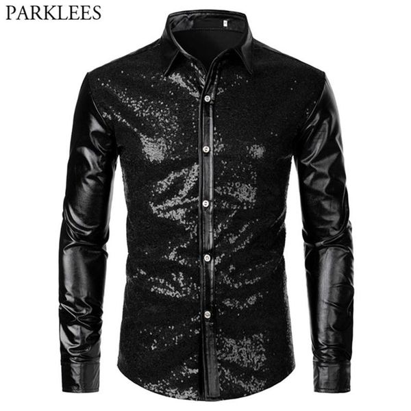 Preto lantejoulas glitter vestido camisa homens brilhante manga longa botão para baixo 70s festa dança masculino natal traje de halloween 210809219a