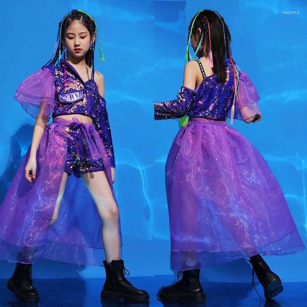 Стадия ношения детей фиолетовые блестки сетчатые юбки хип -хоп костюм для девочек модные модельные костюмы модели джазовый исполнение одежды DQS7144