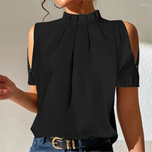Женские блузки, черные, тонкие блузки с открытыми плечами для женщин, лето 2024, однотонная рубашка со стоячим воротником и короткими рукавами, топы Femme Blusas