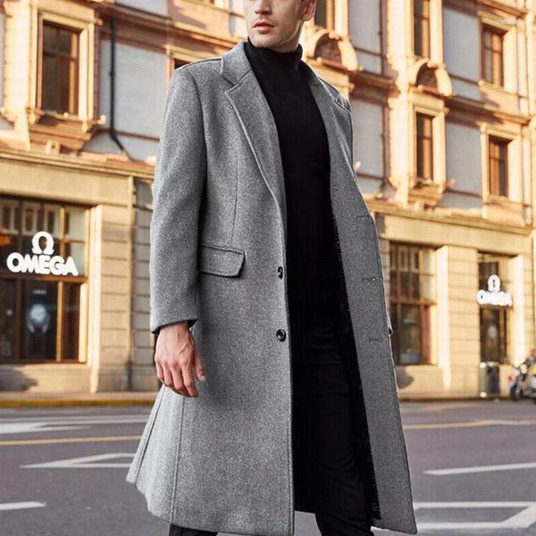 Мужские тренчи, шерстяное пальто в британском стиле, осеннее повседневное однобортное молодежное пальто с лацканами, тонкая куртка средней длины с длинными рукавами