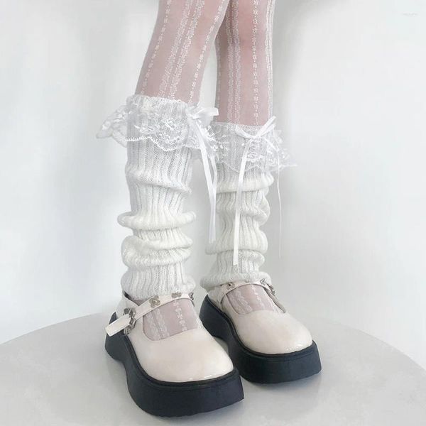 Calzini da donna Lolita Volant in pizzo Fasciatura alla moda giapponese Bowknot Ragazze dolci Lungo autunno inverno Copri piede caldo Scaldapiedi