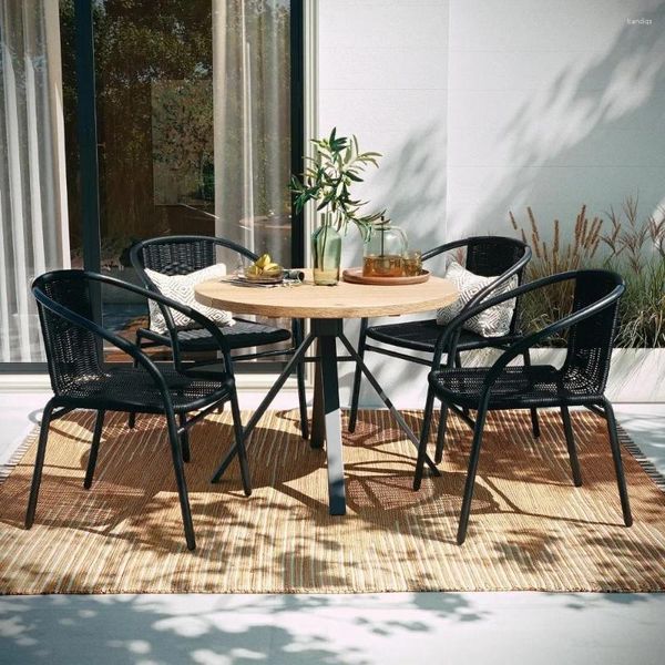 Móveis de acampamento com 4 unidades de cadeira de pilha de restaurante de rattan preto para ambientes internos e externos | Assentos versáteis e elegantes