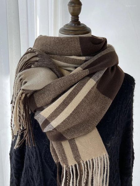 Lenços moda vintage cachecol lenço inverno mulheres senhoras homens preppy xadrez borla cachecol quente pashmina mujer femme masculino envoltório xale