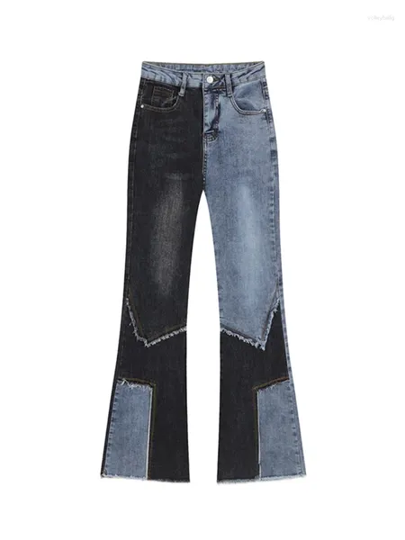 Kadın Kotları Kadın Yüksek Belli Denim Flare Pants Patchwork Street Giyim Konforlu Geniş Bacak Y2K 2023 Moda Sıska İnce Vintage