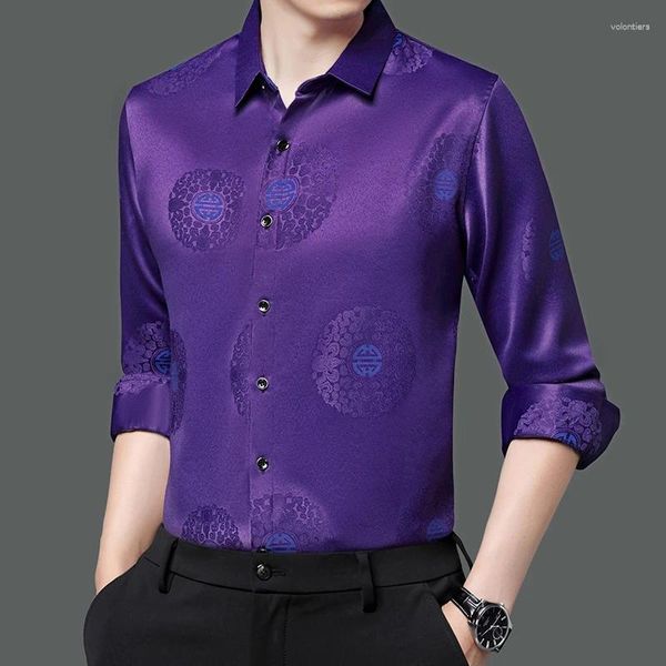 Camicie casual da uomo Abiti eleganti in raso liscio viola per abito da festa di nozze da uomo Camicetta da lavoro color uva sociale da uomo elastica