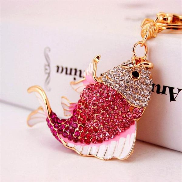 Chaveiro de peixe com pingente de animal, chaveiro banhado a ouro, gotejamento, óleo, strass, cristal, porta-chaves de carro, bolsa feminina, acessórios238n