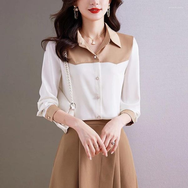 Frauenblusen Frauen Büro Arbeit Bluse 2023 Herbst Modus Patchwork Turndown Kragen Langarm weißer Hemd Frau Koreaner Loose Button Up