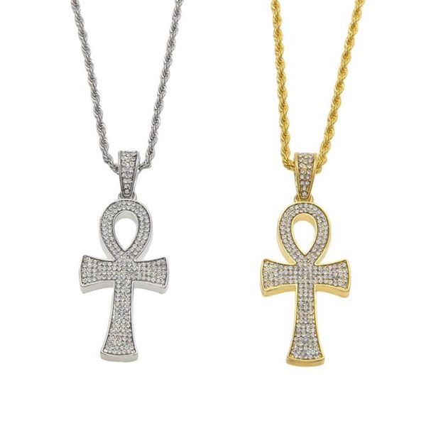 Egyptian Ankh Key of Life Gold Silver Cross Pendant Necklace Chain Bling Full Rhinestone Crystal Cross Pendant Punk Jewelry308b