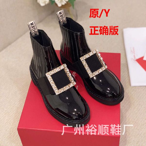 Sapatos botas ouyang nana rv strass fivela quadrada curto feminino versátil estilo inglês martin couro genuíno saltos grossos inverno