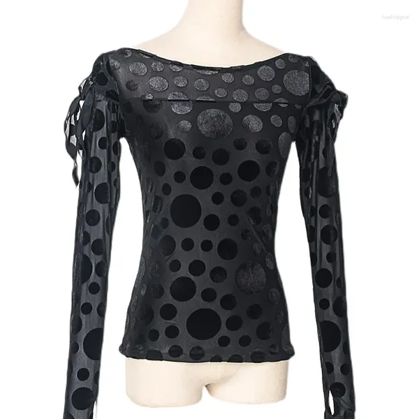 Bühnenkleidung Ballsaal Tanz Tops Schwarz Polka Dots Langarm Praxis Kleidung Walzer Tango Kostüm Samba Latin Dancewear DL8797