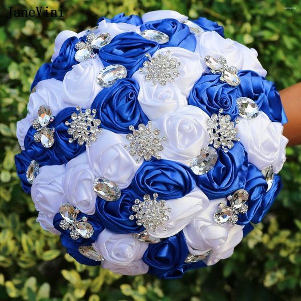 Flores de casamento janevini luxo prata cristal azul real fita branca buquês de noiva artificial cetim rosas buquê para noiva