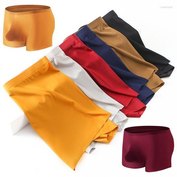 Cuecas masculinas boxers shorts de seda gelo calcinhas íntimas roupa interior grande saco convexo sem costura sólida boxer respirável