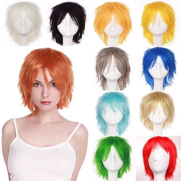 Sintético benihair cosplay branco vermelho verde azul rosa amarelo cabelo curto camada falso homens mulheres festa 231025