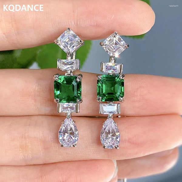 Brincos pendurados kqdance luxo 925 prata esterlina com quadrado 8mm verde esmeralda diamante de alto carbono para festa feminina jóias finas