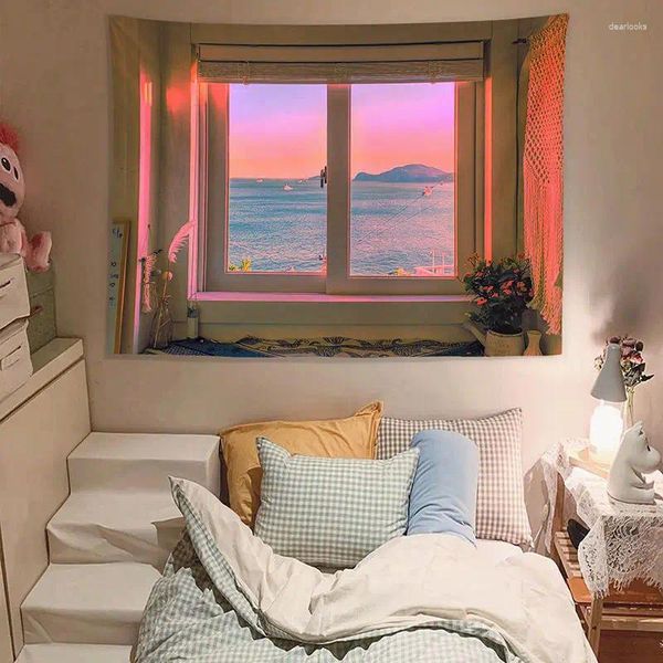 Arazzi Scenario per finestre Arazzo Decorazione da parete Decorazione vintage per la camera da letto per le vacanze al mare Biancheria da letto Decorativa