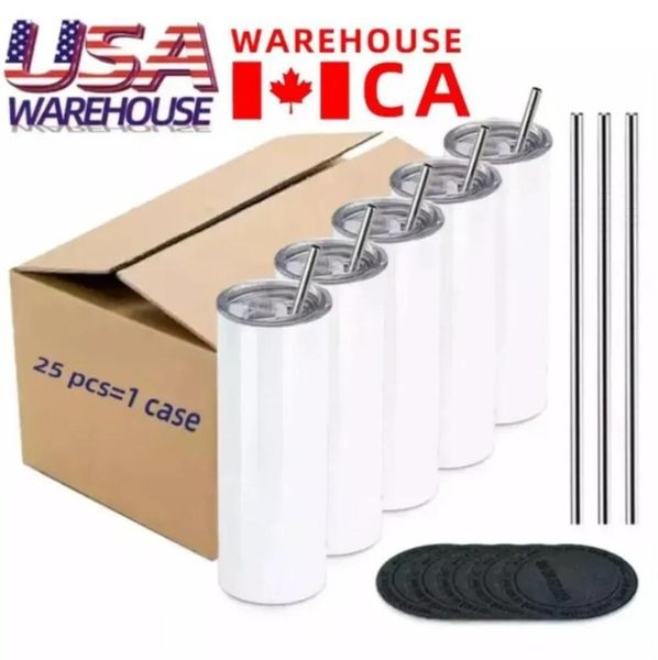 US CA Warehouse 50pcs / Carton 20oz Sublimation Tumblers Straight Blanks Branco 304 Aço Inoxidável Vácuo Isolado Slim DIY Cup Carro Canecas Presentes de festa E1026